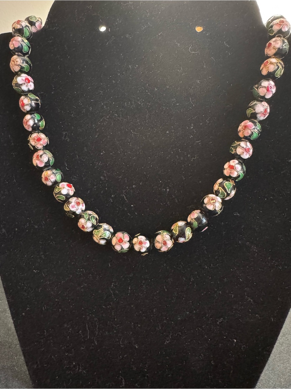 Vintage Cloisonné Floral Bead Necklace Black Enamel Cottagecore Toggle 18”